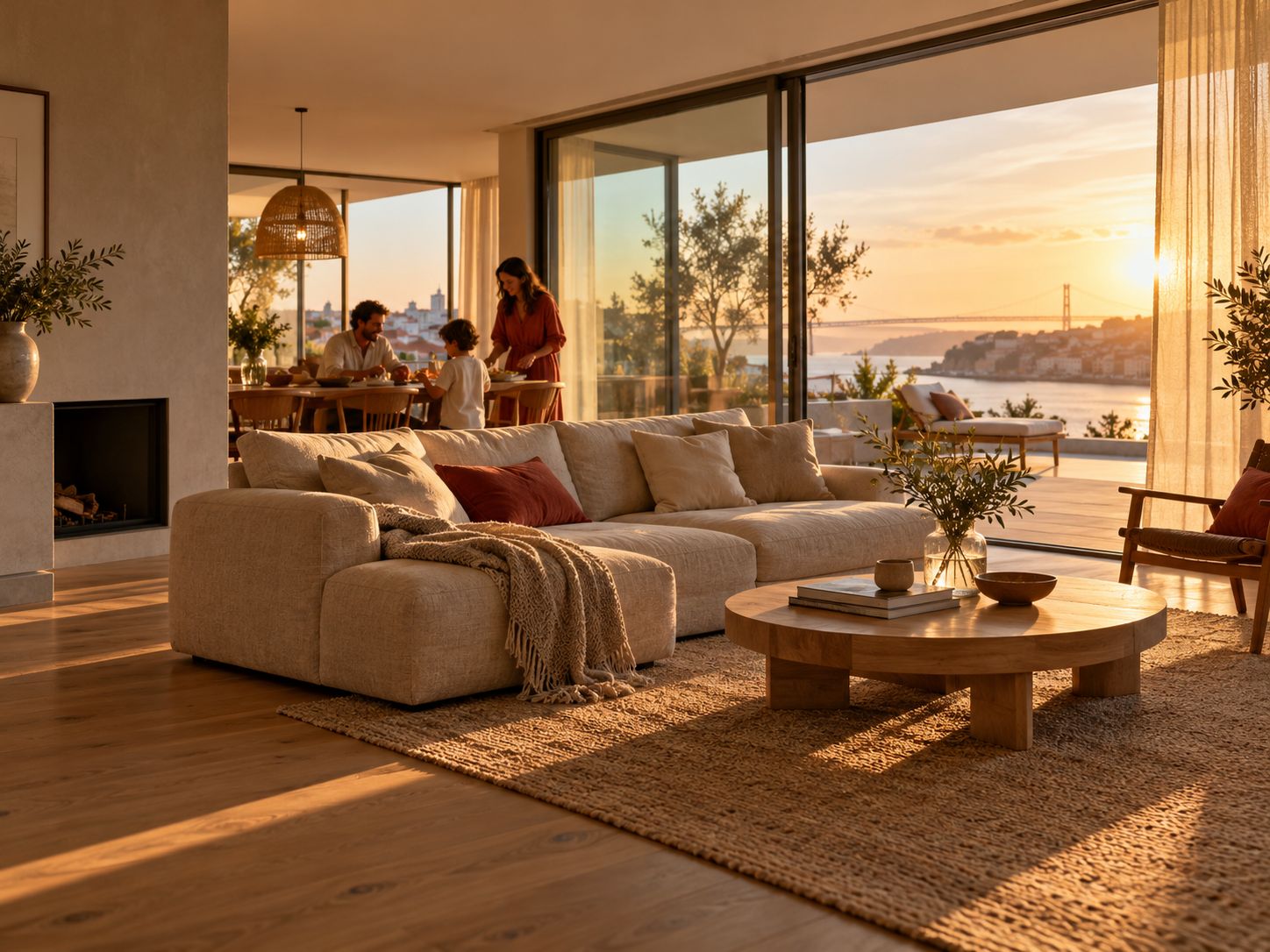 Sala de estar ampla ao pôr do sol