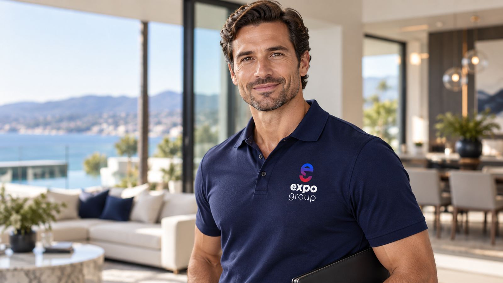 Consultor com polo azul noite e o logótipo expogroup no peito, numa sala de estar com vista de mar